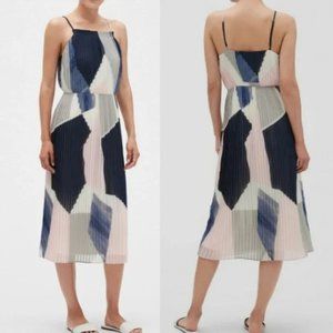 Size 4 Banana Republic Blue and Pink Geometric Colorblock Pleated Midi Dress
